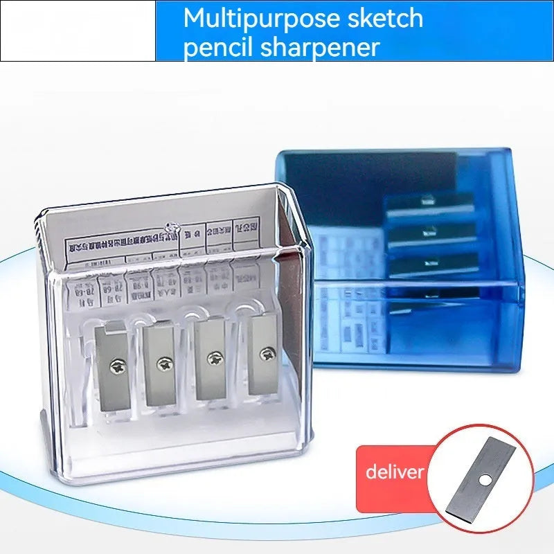 Geometric plastic pencil sharpener with four holes and an integrated screwdriver