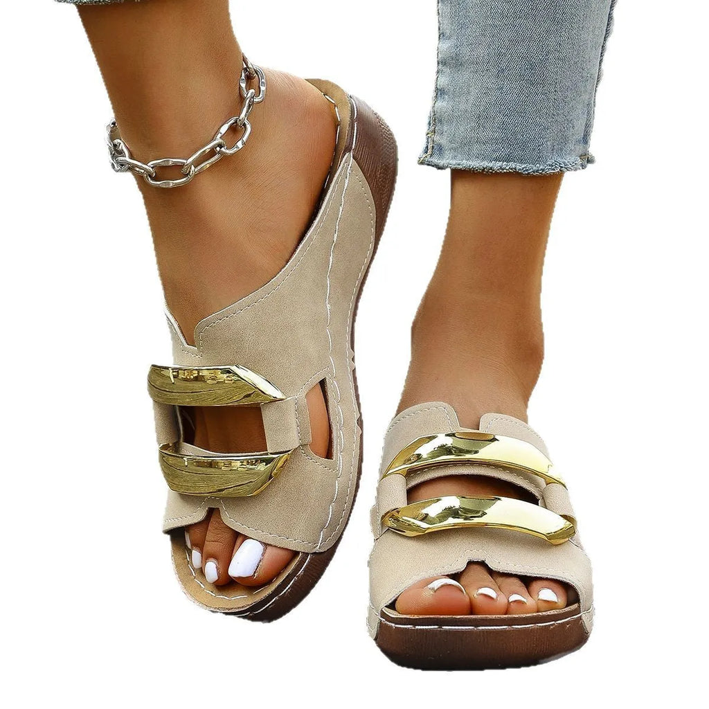 Women's Roman style platform sandals in black, white, khaki, and sea blue on a rubber sole.