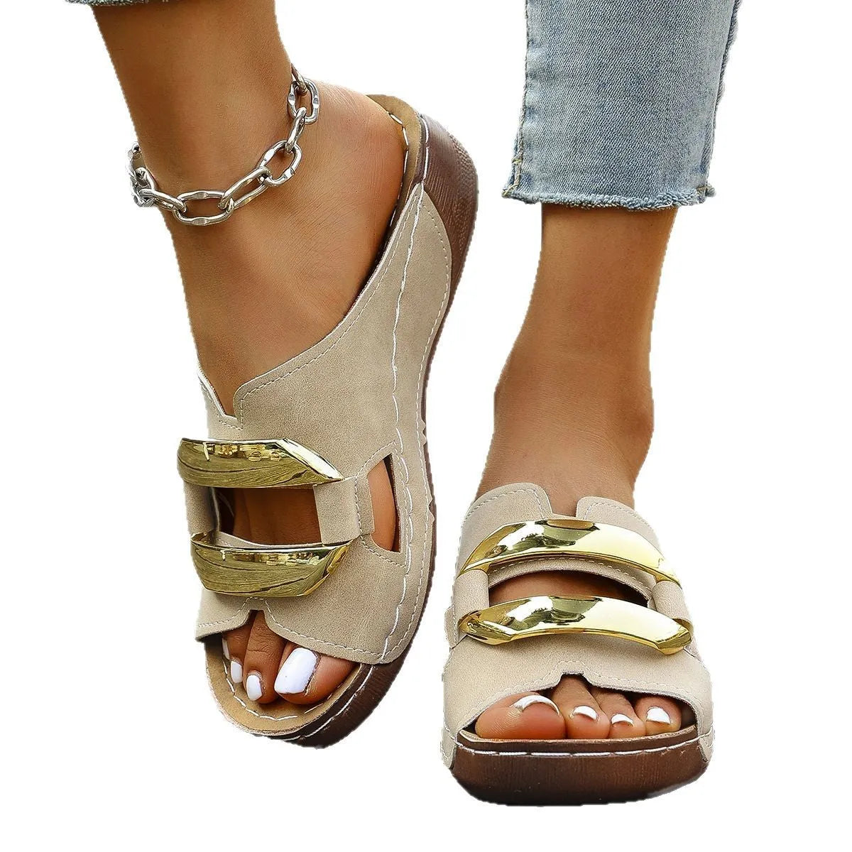Women's Roman style platform sandals in black, white, khaki, and sea blue on a rubber sole.