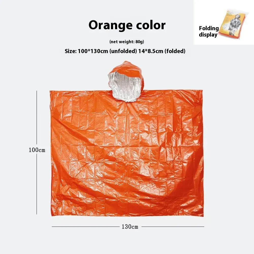 Large orange and army green marathon running raincoat laid flat showing its size.