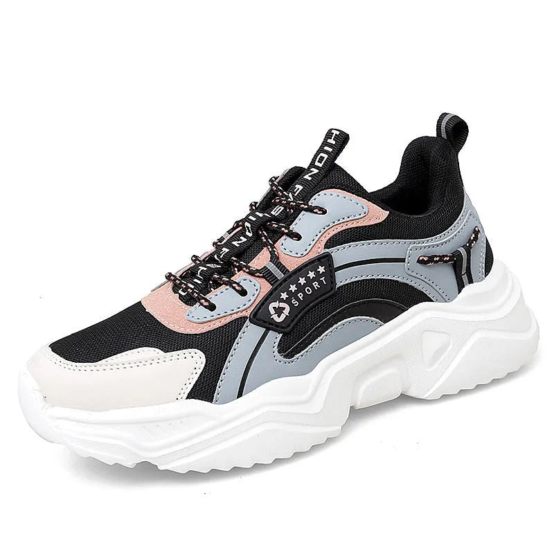 Women's white and black mesh casual sports shoes with thick sole, buckle closure, and round toe.