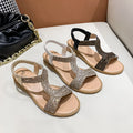 Gold patent leather women's sandals with rhinestones and round toe
