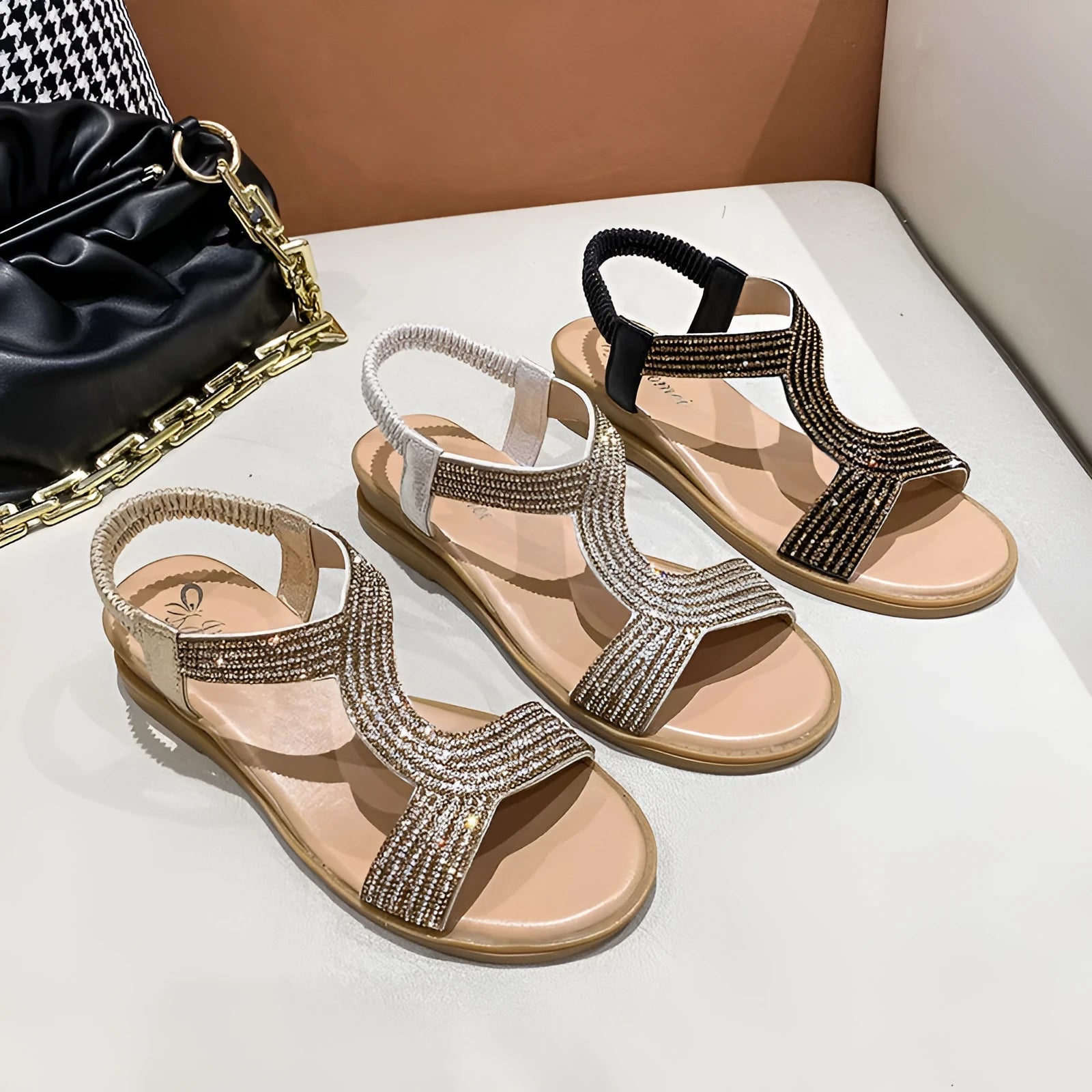 Gold patent leather women's sandals with rhinestones and round toe