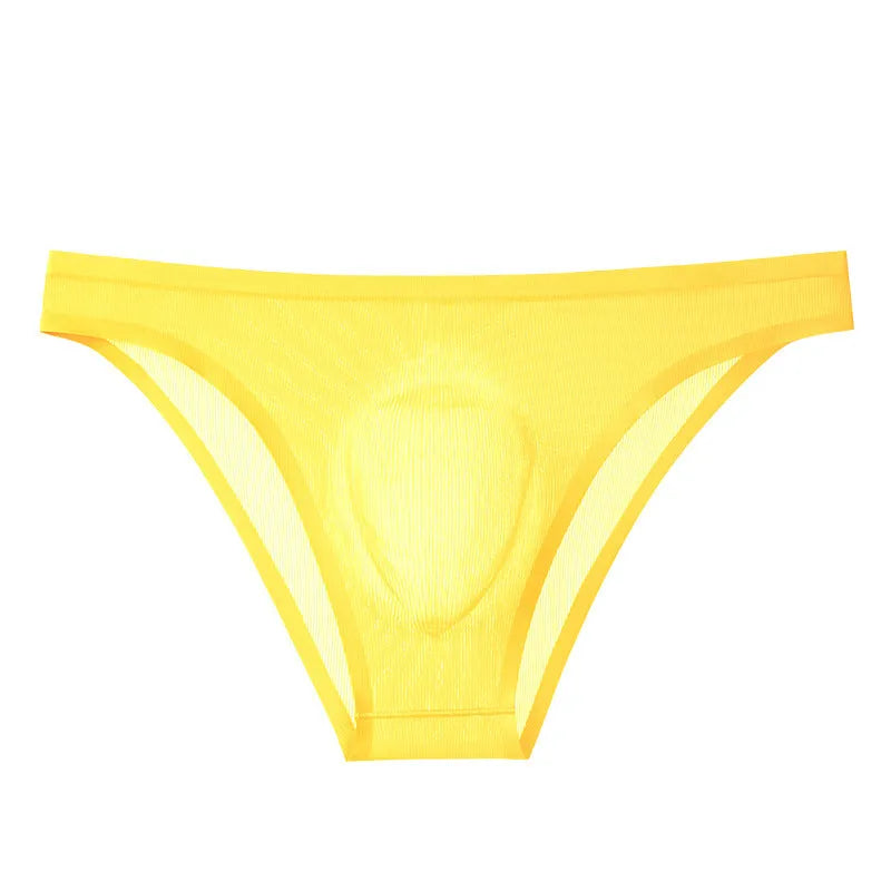 Men's low-waist seamless briefs in translucent ice silk fabric, shown in a striped colour option.