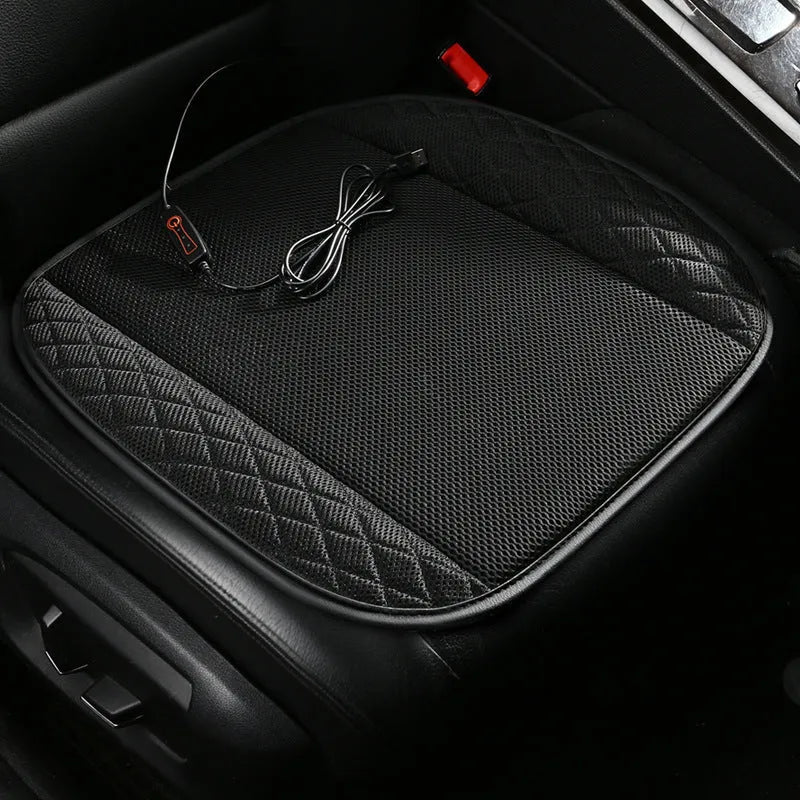 USB car ventilated seat cushion with suede cover in multiple colours on a car seat.