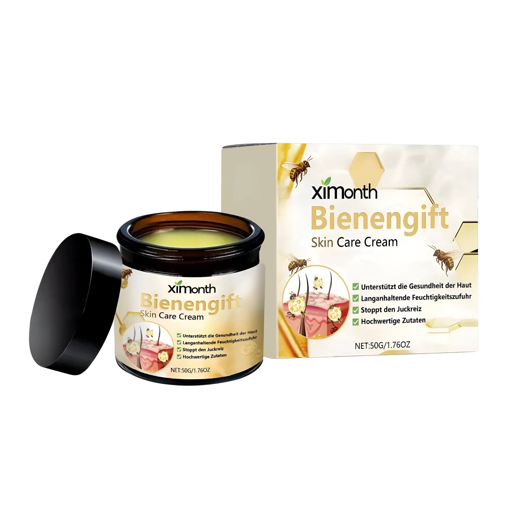 50g jar of skin care cream with mint leaves, bee venom, tea tree oil, licorice and shea butter.