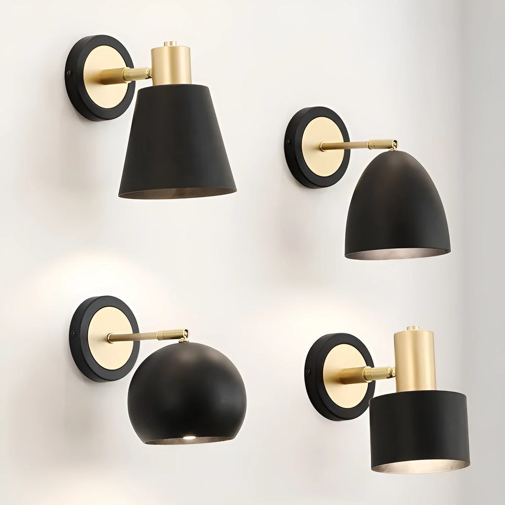 Nordic style iron wall lamp with a metallic shade for bedside or living room.