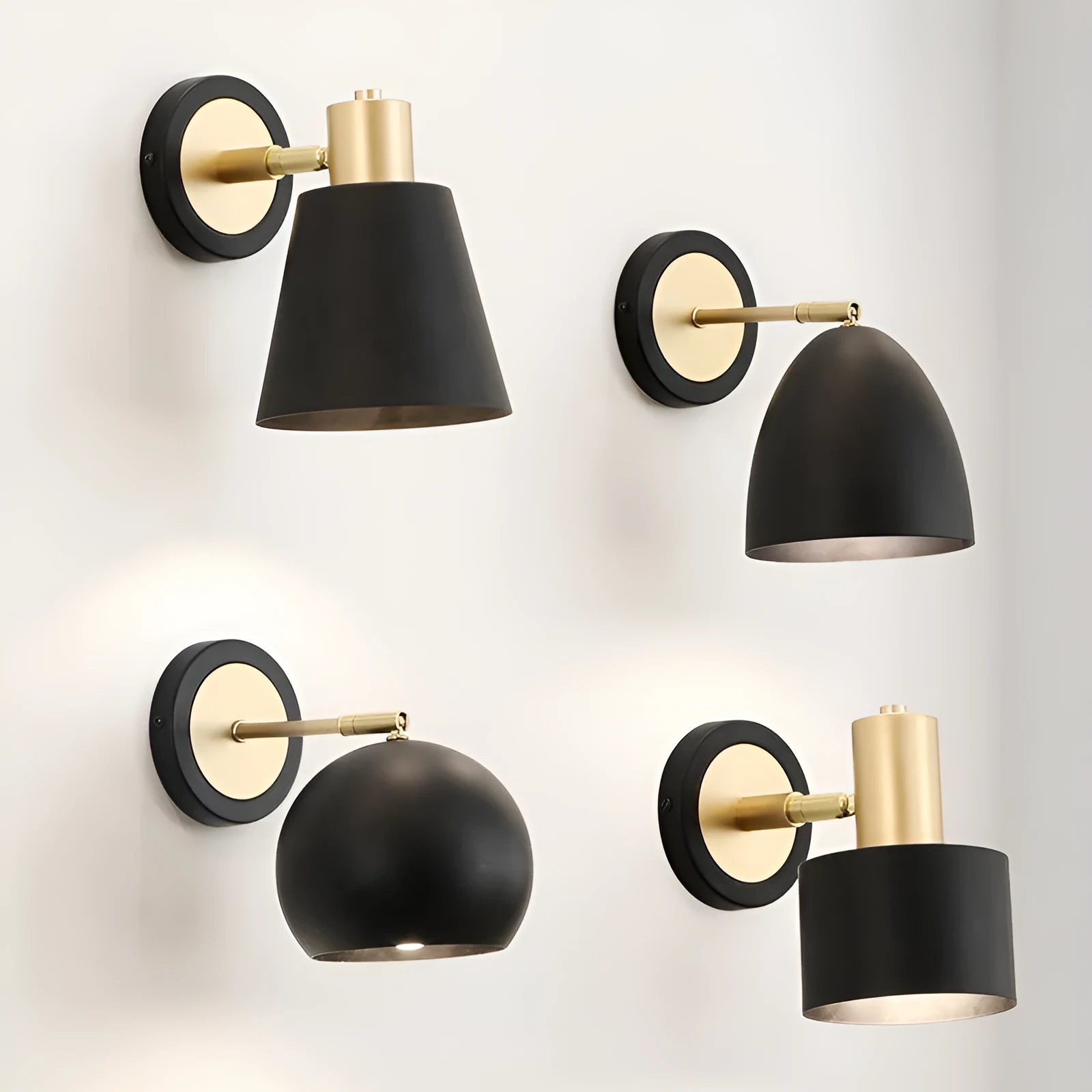Nordic style iron wall lamp with a metallic shade for bedside or living room.