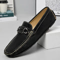 Men's brown leather slip-on loafers with a round toe and rubber sole.