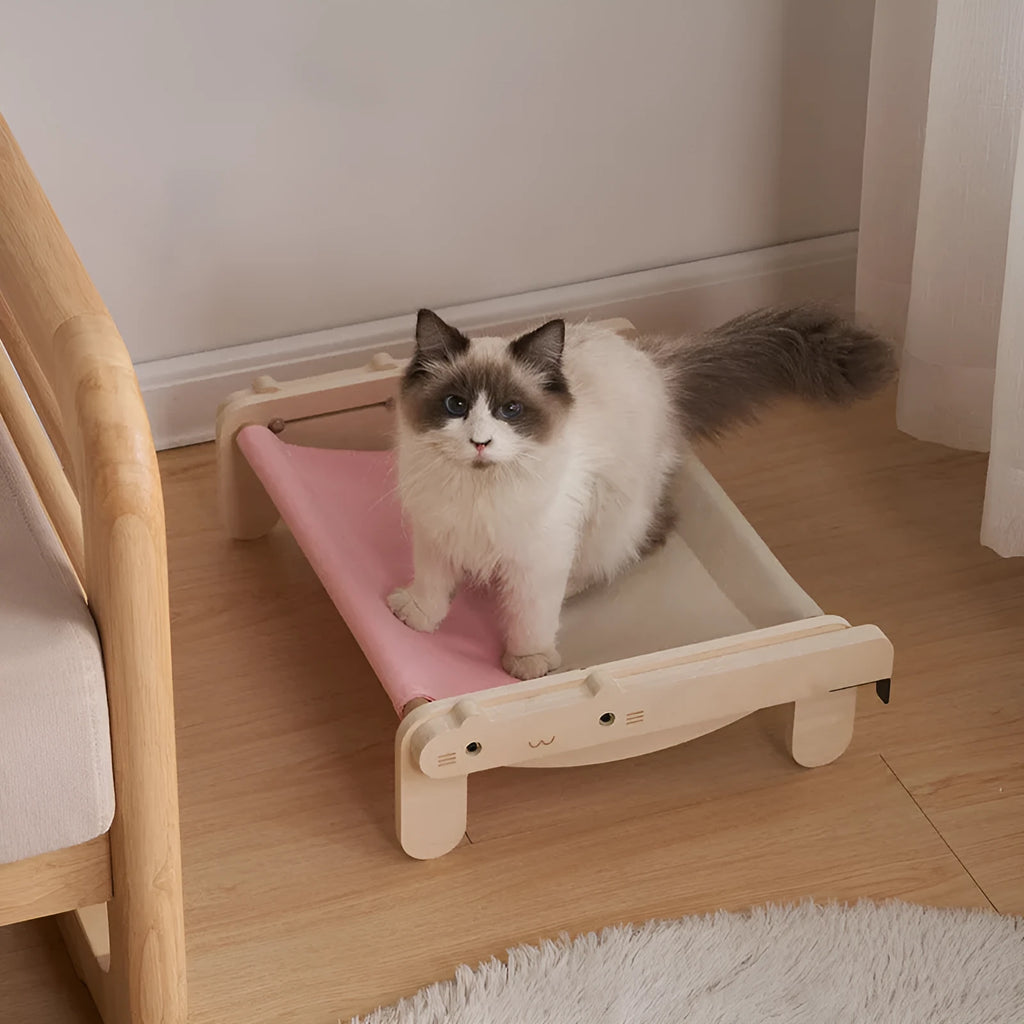 Solid wood pet bed with removable cover in grey plaid pattern for dogs and cats