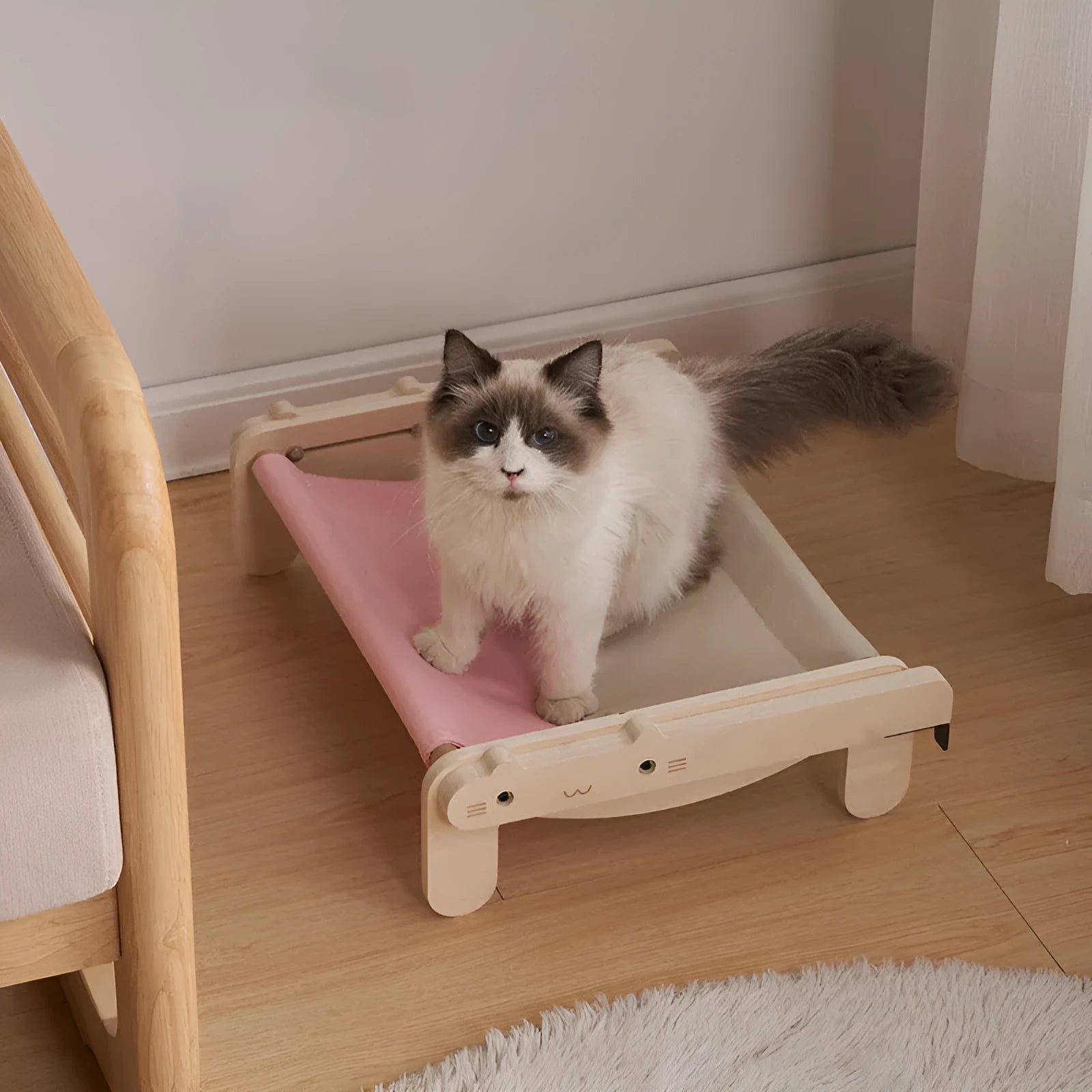 Solid wood pet bed with removable cover in grey plaid pattern for dogs and cats