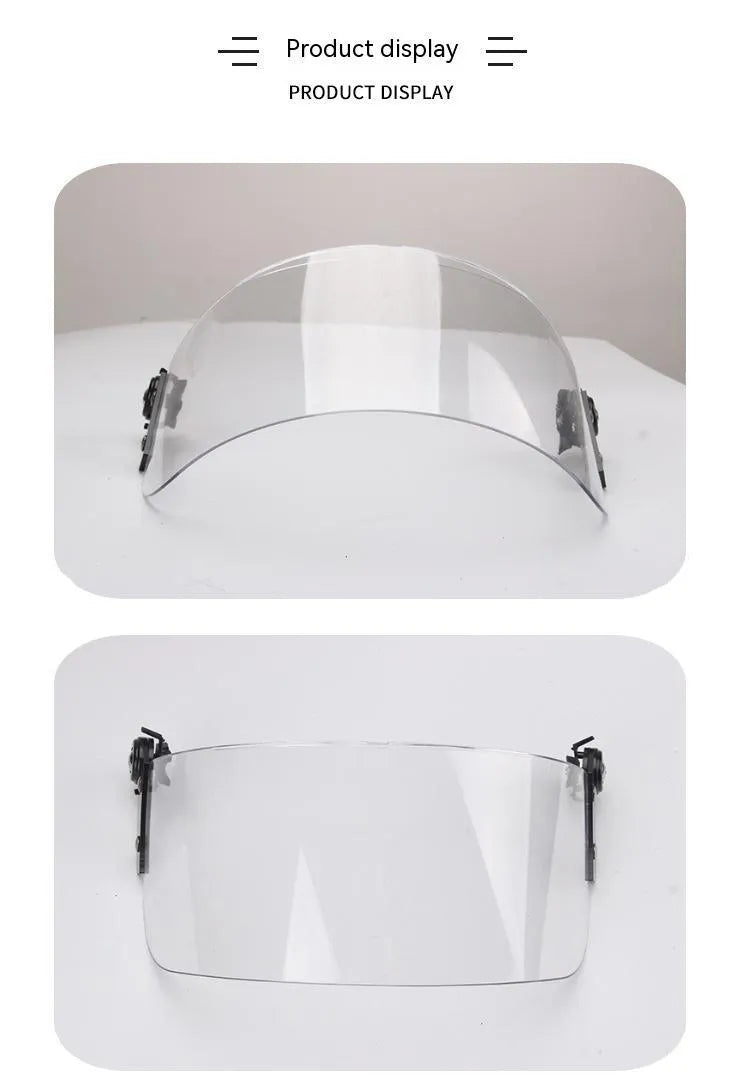 Transparent sports-style helmet visor with windproof lens, showing 30x15cm size and clear frame.