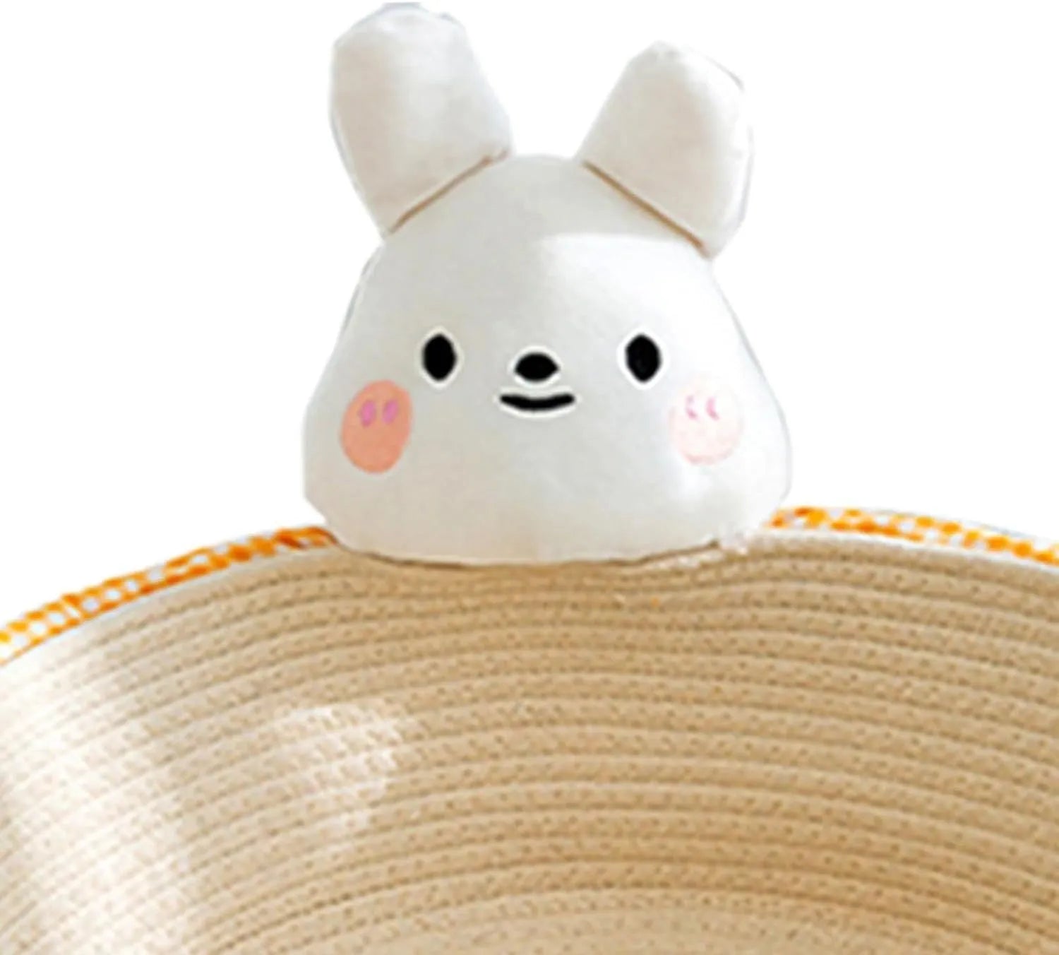 Woven cotton rope cat bed and scratcher basket with rabbit design, shown in three available sizes.