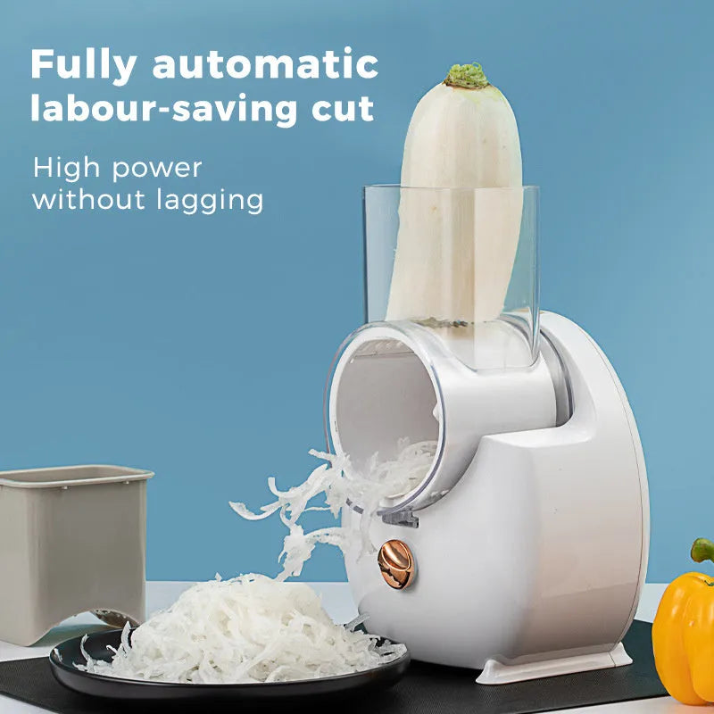 White electric vegetable slicer with rotary grater and strong suction base for kitchen use