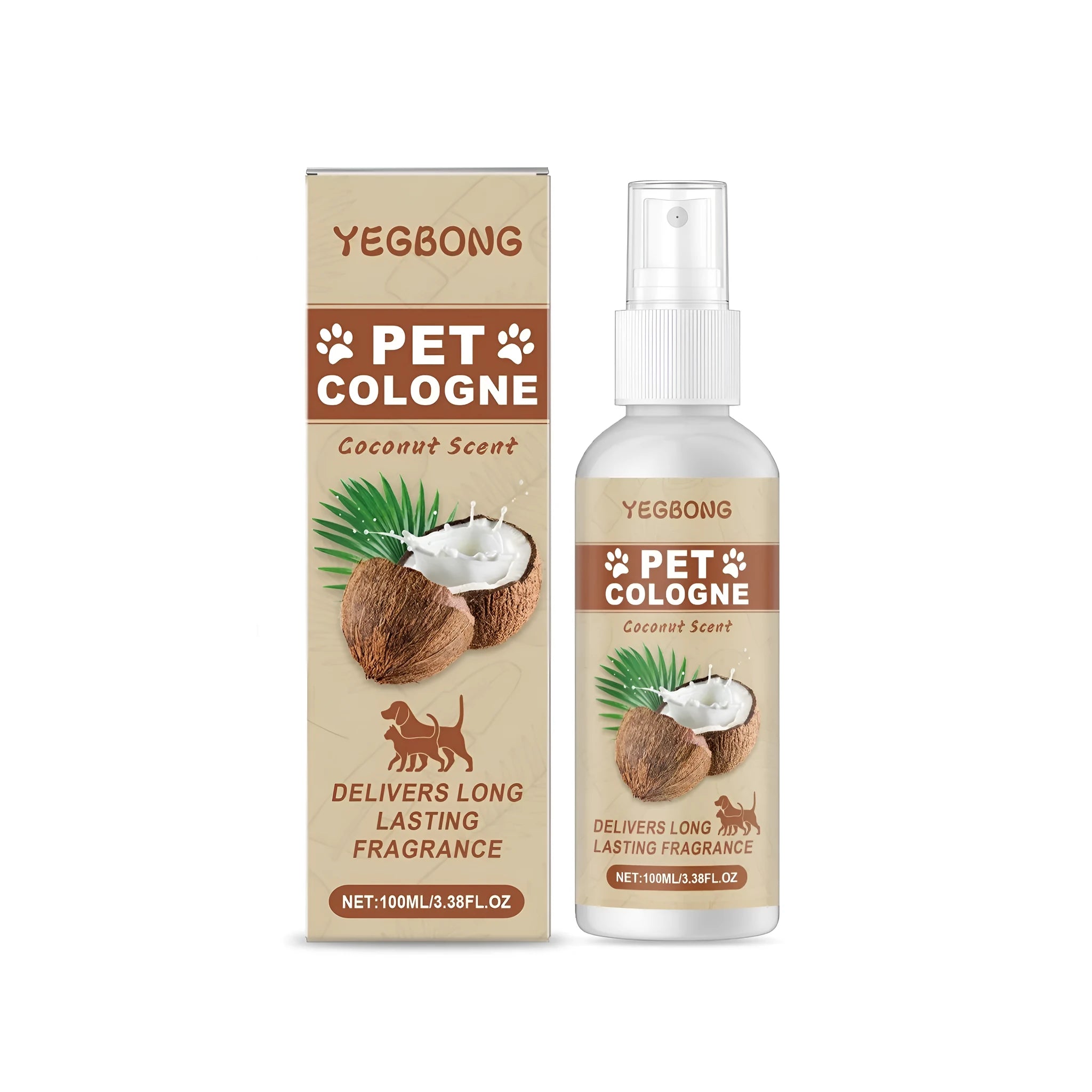 100 ml bottle of coconut scented pet deodorant spray with spray nozzle.