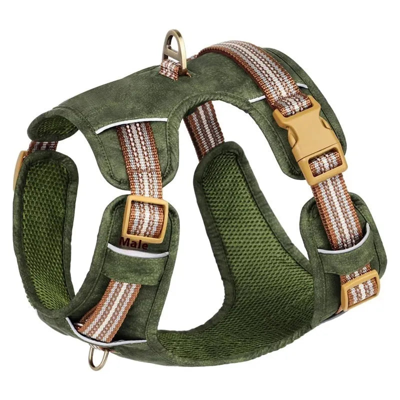 Brown explosion-proof reflective leather chest harness for a dog on a white background