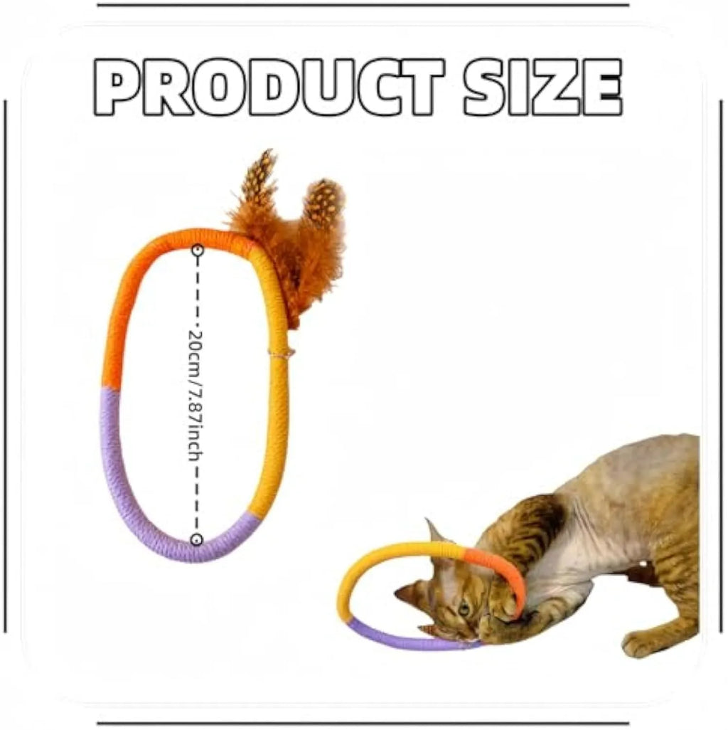 Green cotton rope circular cat toy with feathers attached for interactive play