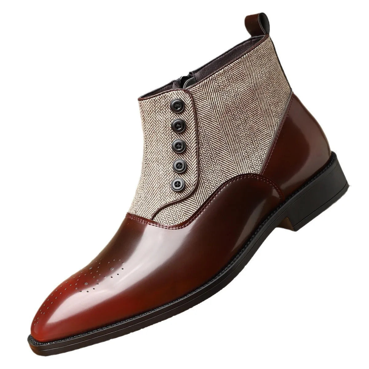 Men's brown retro business shoes with side zipper and square toe on rubber sole