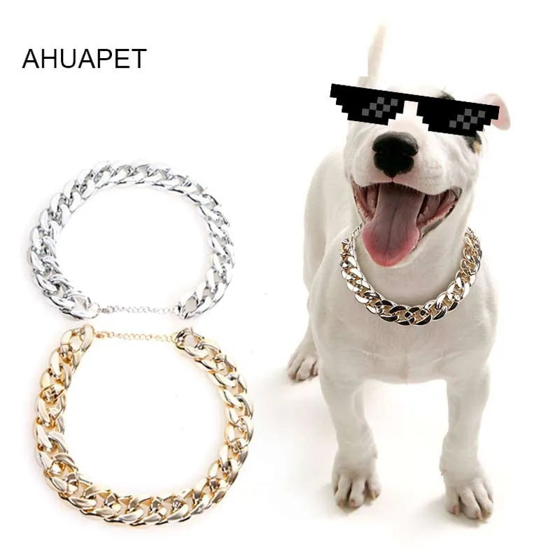 Adjustable dog chain collar in gold or white with twisted piece design for small and medium pets.