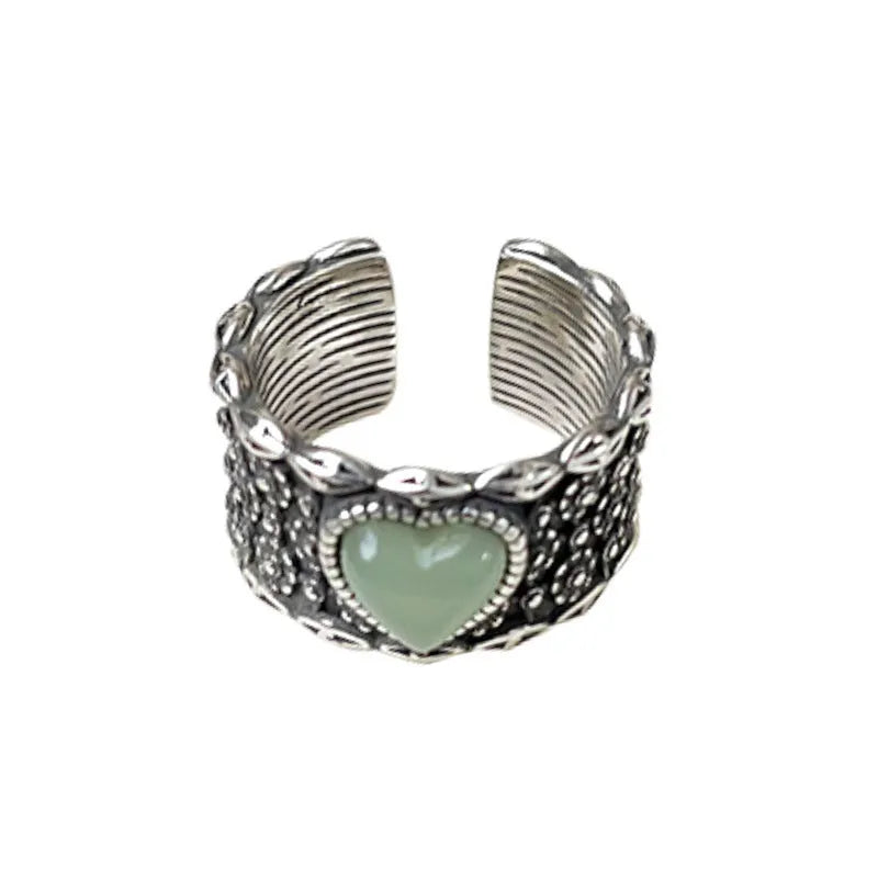Retro style adjustable silver plated ring with heart design in white or green colour