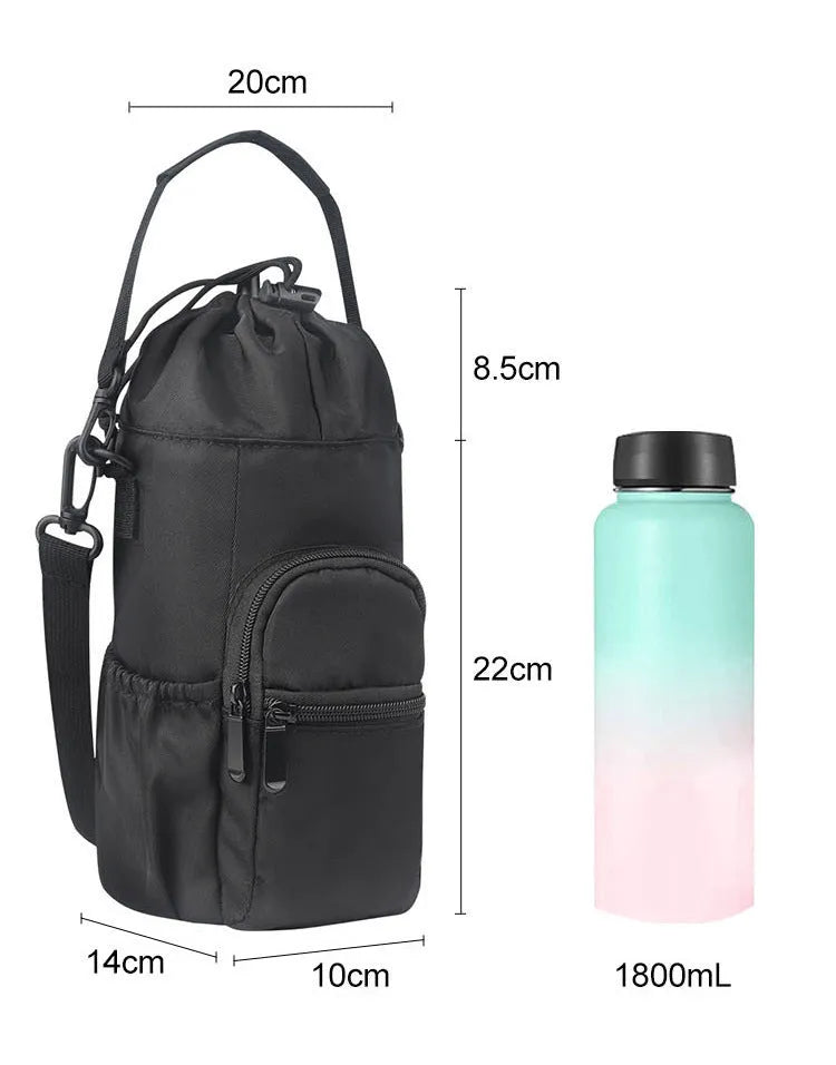 Canvas water bottle pouch with elastic drawstring closure showing black, green, and pink colour options