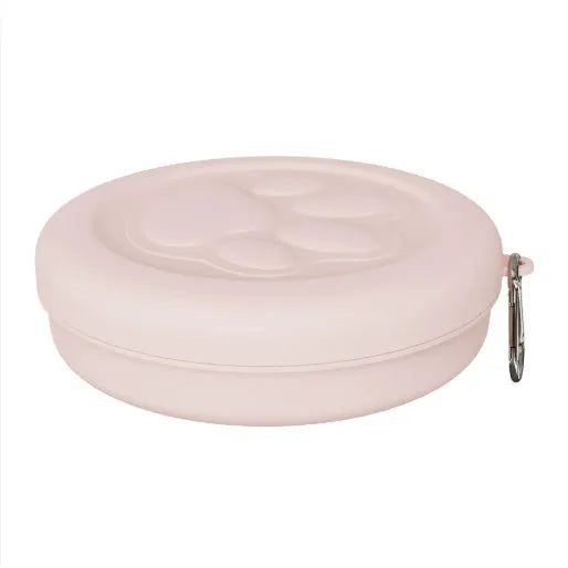 Green and pink portable silicone dog bowl with two compartments, shown folded and unfolded
