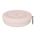 Green and pink portable silicone dog bowl with two compartments, shown folded and unfolded