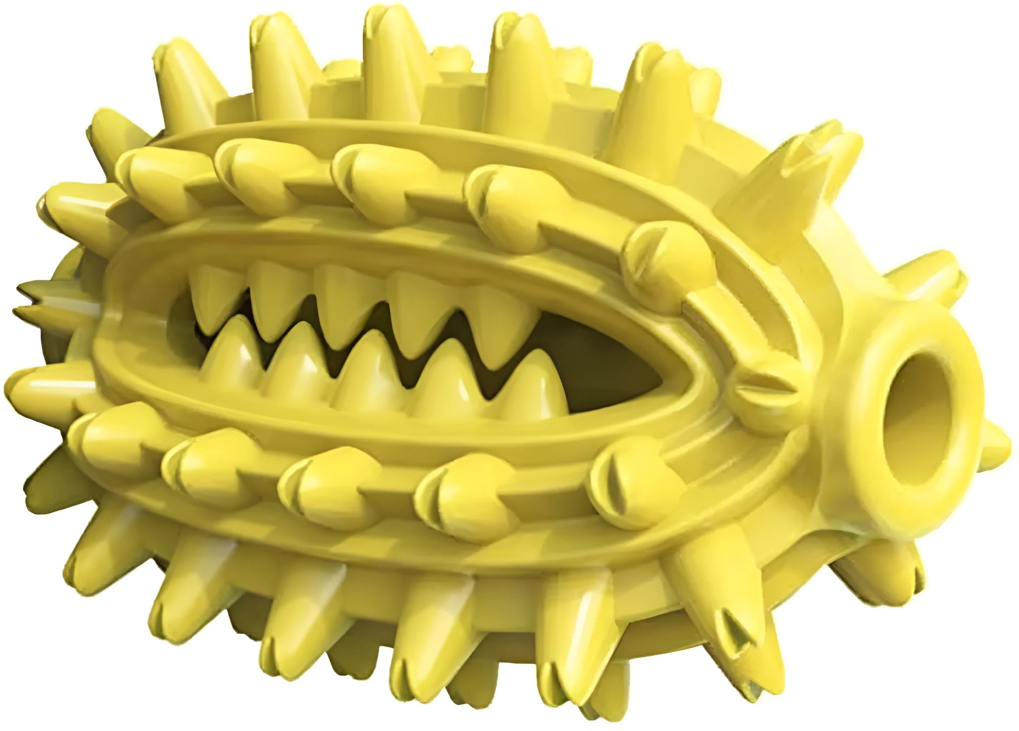 Green cactus-shaped dog chew toy for dental care, shown next to a dog treat.
