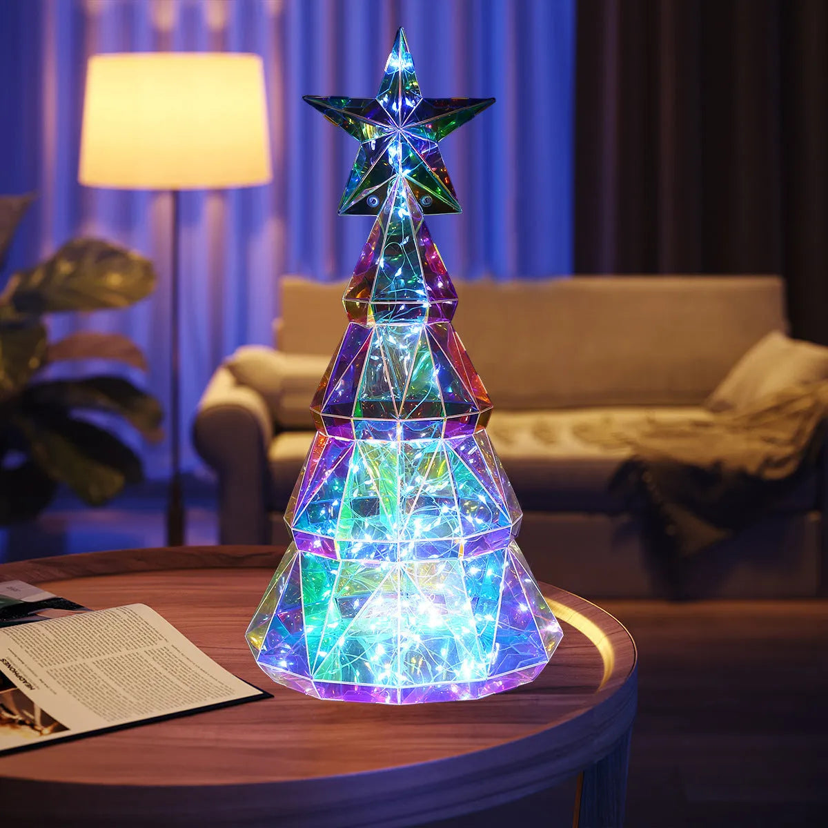 Colourful cartoon-style Christmas tree LED decoration with glowing yellow lights