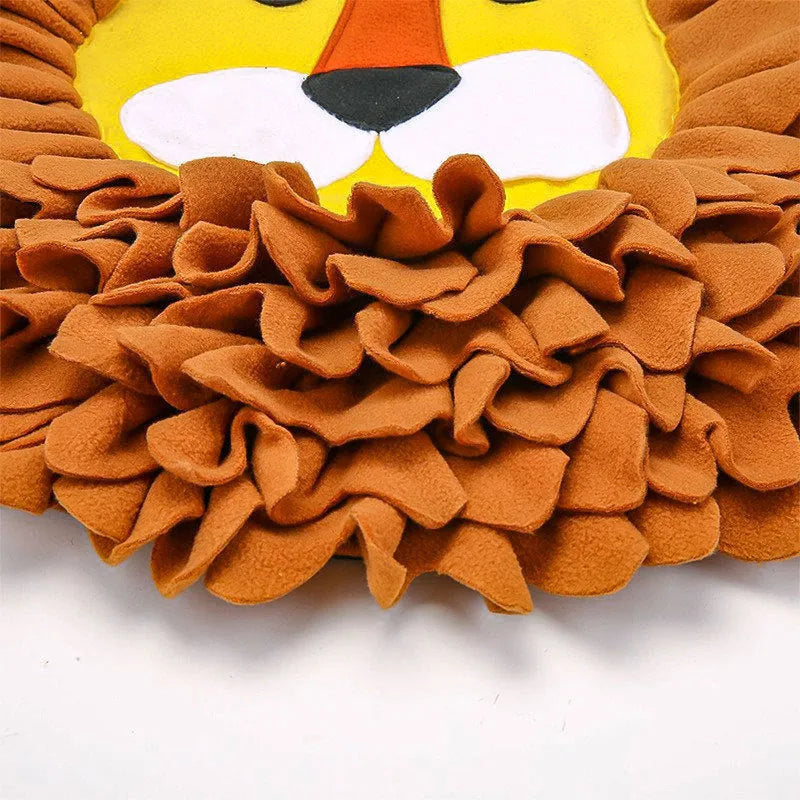 Brown lion sniffing pad and food hiding blanket for dogs and cats