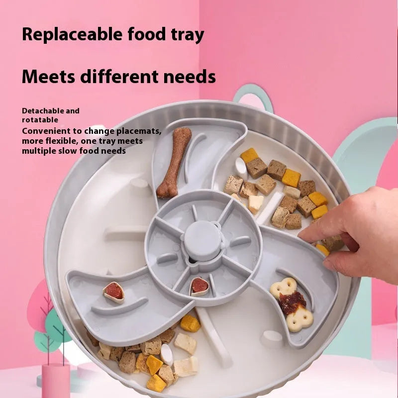 Pet rotating slow feeder bowl with interactive game board and licking mat in beige colour