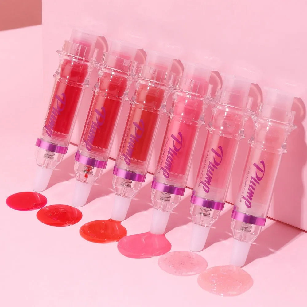 Tube of silky texture lip gloss showing shiny finish, available in six colours with 5ml content