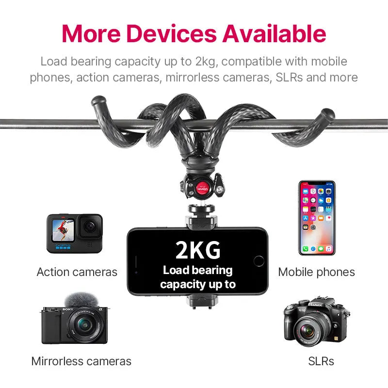 Black octopus-style mobile phone tripod with clip extended to 360mm on a table.