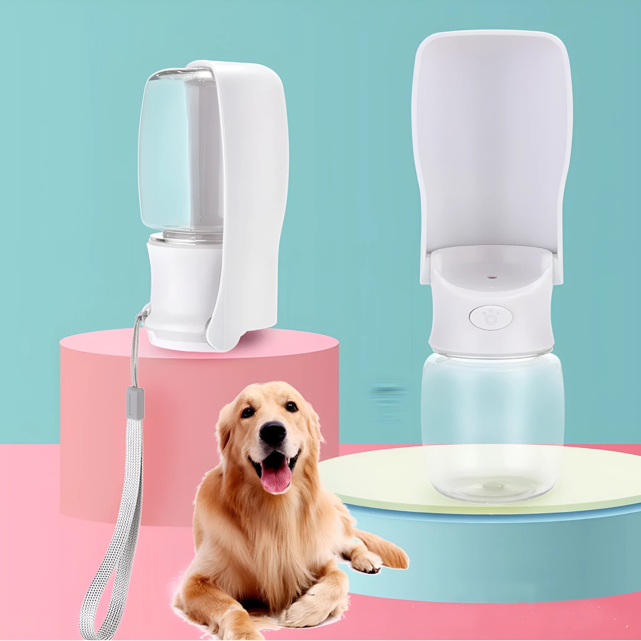 Blue foldable dog water bottle dispenser showing 550ml capacity marking.
