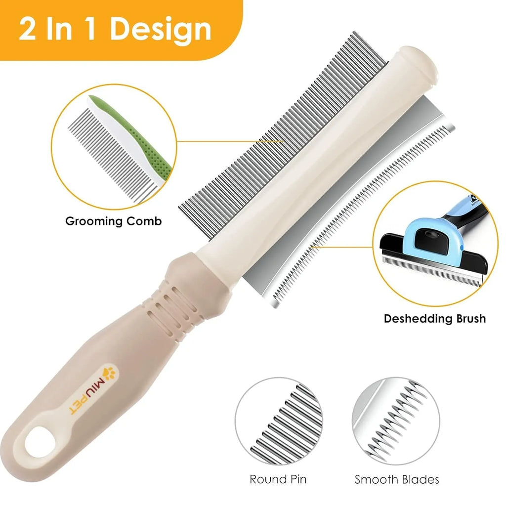 White double-sided dog and cat deshedding brush with curved comb and ergonomic handle