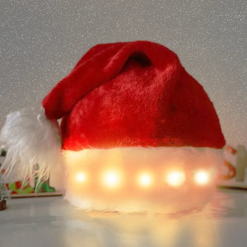 Red and white plush Santa hat with LED lights illuminating in multiple colours