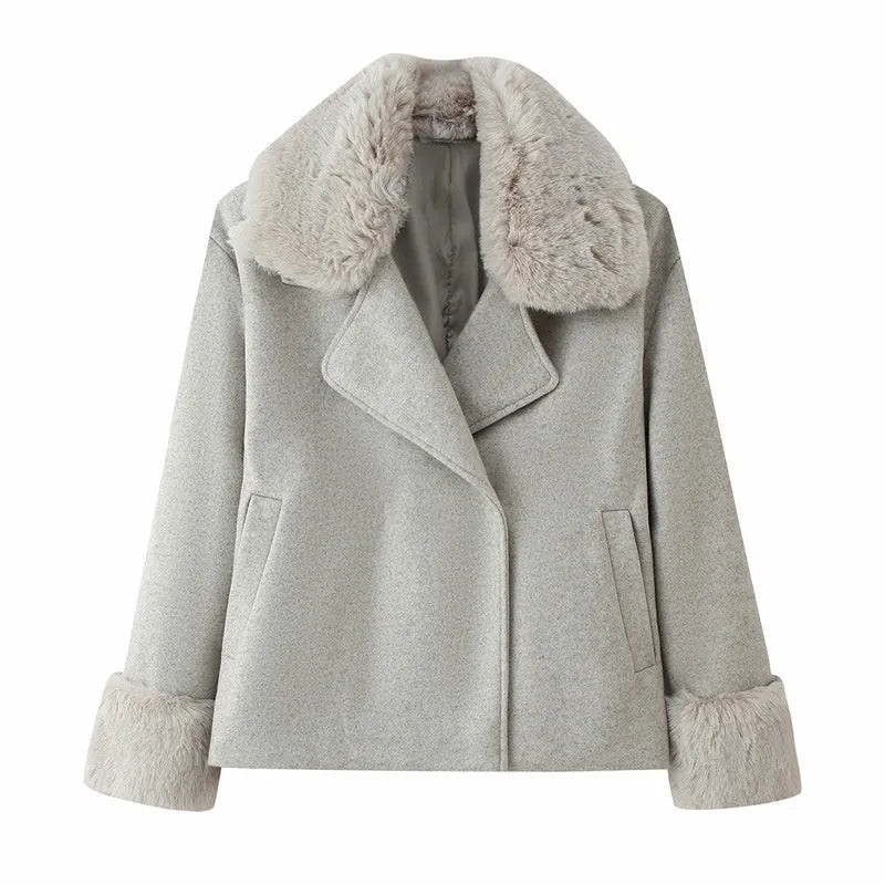 Women's short wool coat with imitation fur collar, gray, regular fit, extended length, on a model
