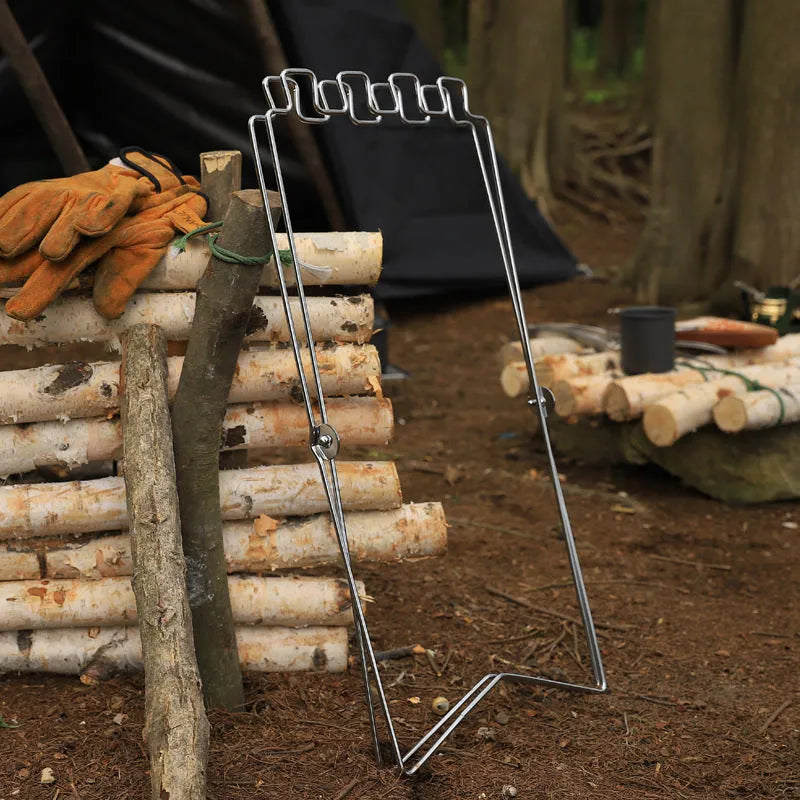 Stainless steel folding garbage bag bracket in black and silver colours for camping use