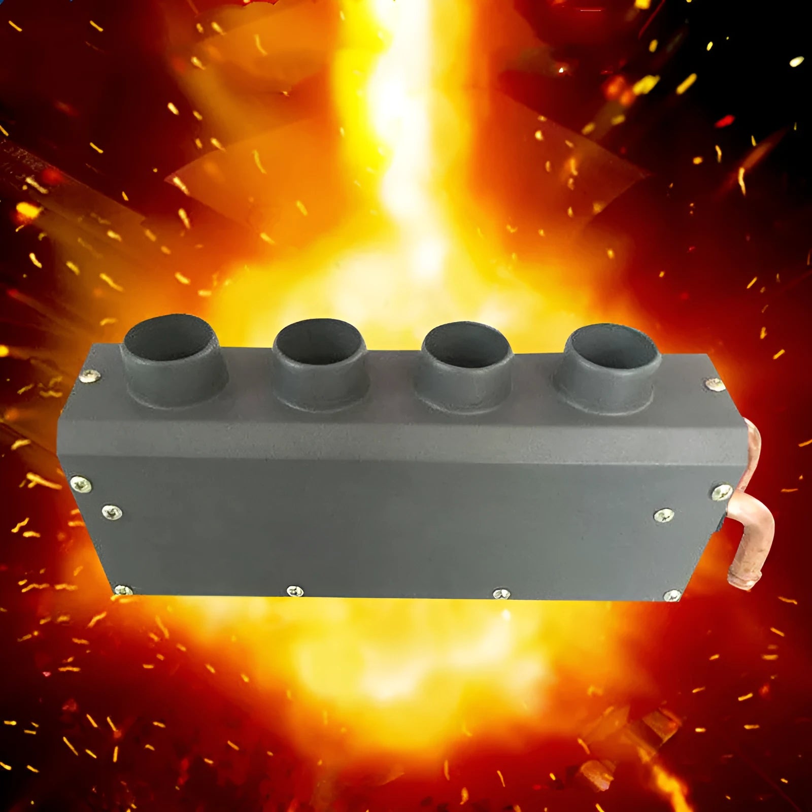 Compact metal car heater with copper pipe connections for 12V or 24V vehicle installation.