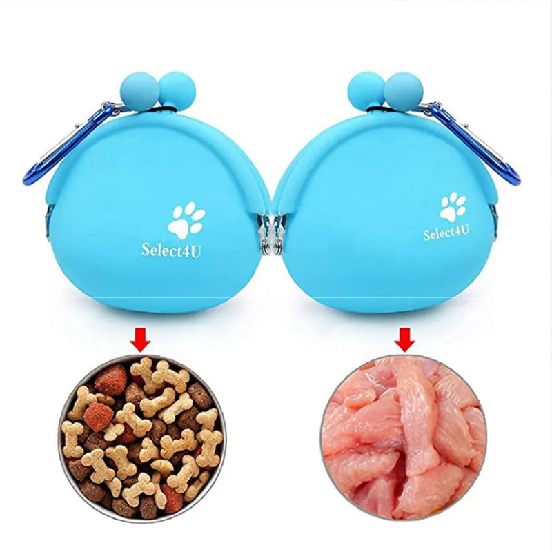 Silicone dog training treat waist pouch in assorted colours showing hook-and-loop closure