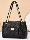 Women's solid colour PU messenger bag with diamond grid pattern and chain detail, horizontal square shape