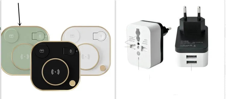 Black three-in-one wireless magnetic charger with desk lamp and USB cable on a wooden desk.