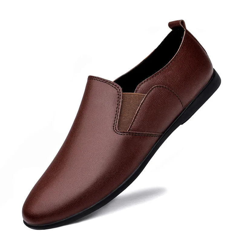 Men's black and brown leather shoes with round toe design for business casual wear.