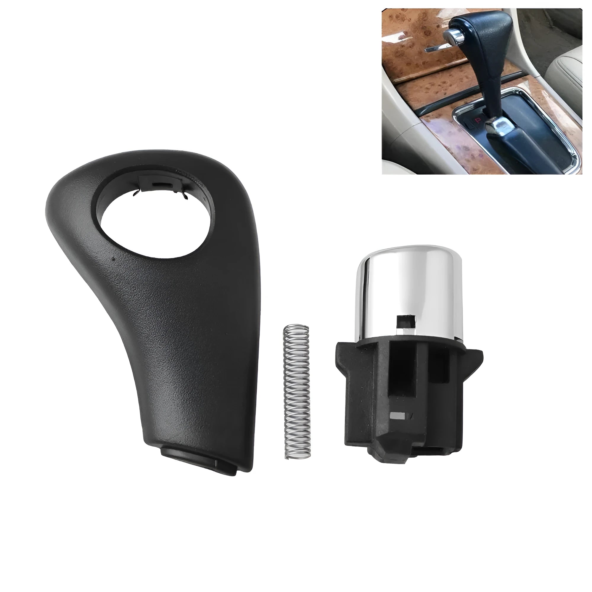 Black ABS shift button handle assembly with spring and side plate for Honda Accord 2003-2005.