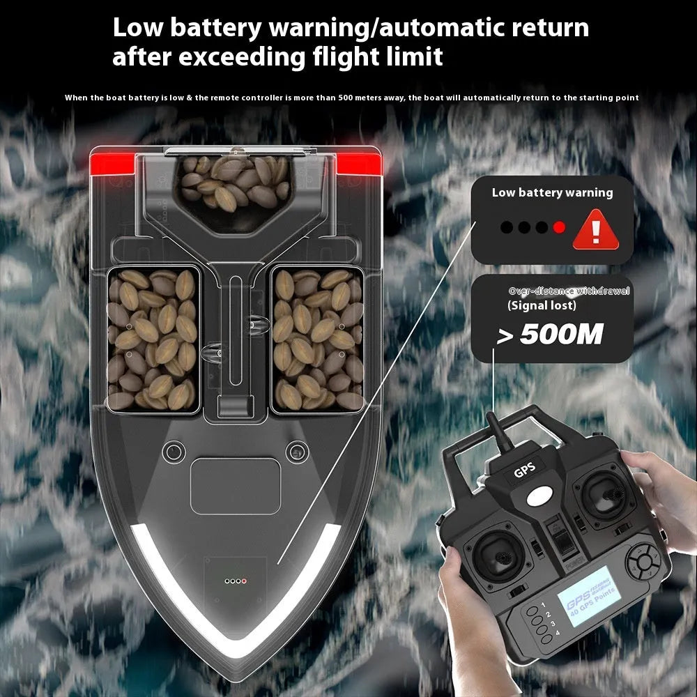Remote control fishing boat with GPS antenna on deck, shown on water with remote control.