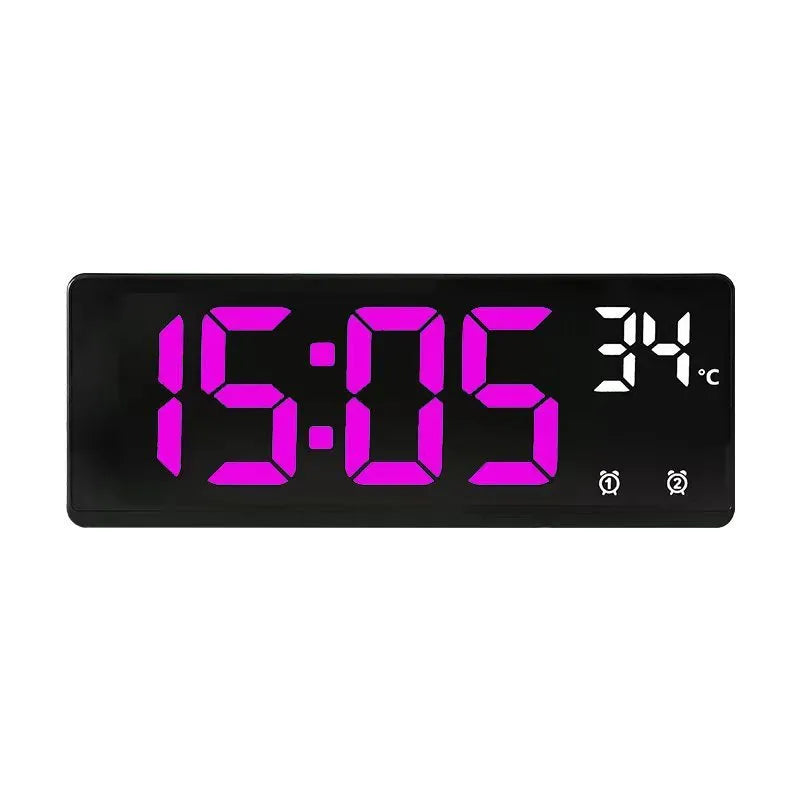 Electronic LED alarm clock with large digital display showing time and temperature, in acrylic blue and white colour.