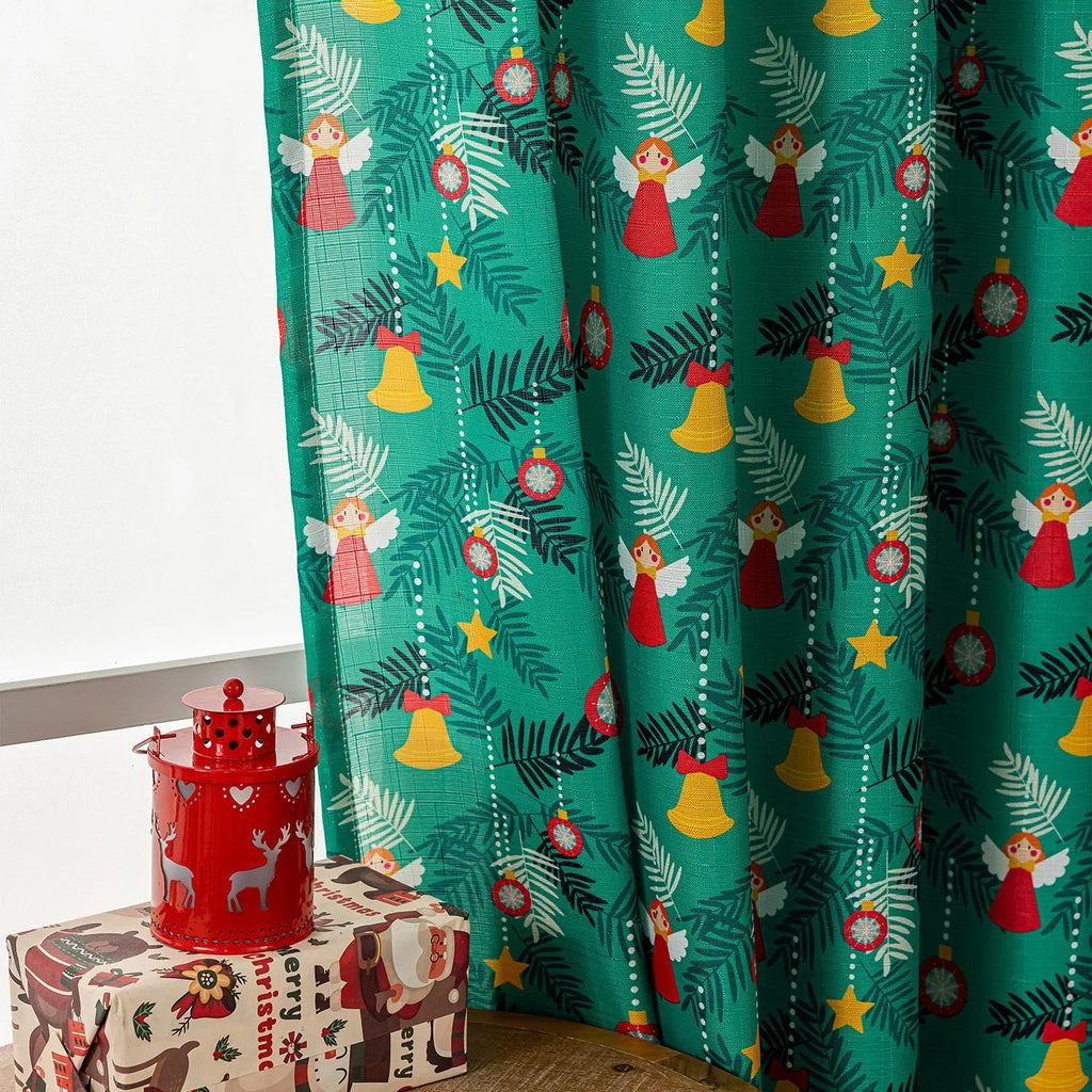 Christmas curtain with snowman and angel cartoon print in red or green, 1 metre length