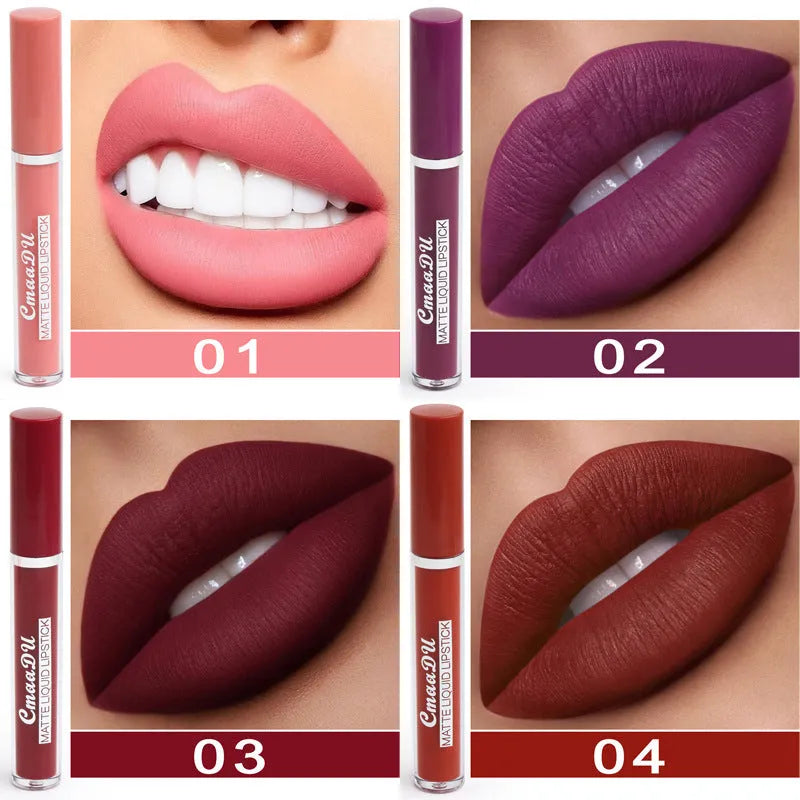 Ten matte lipsticks in a slim black case showing waterproof non-stick cup formula.