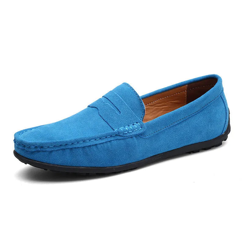 Men's suede leather Gommino-style slip-on casual shoes in brown, shown from the side.