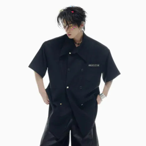 Men's loose fit short-sleeved summer shirt in black colour with lapel collar and decorative details